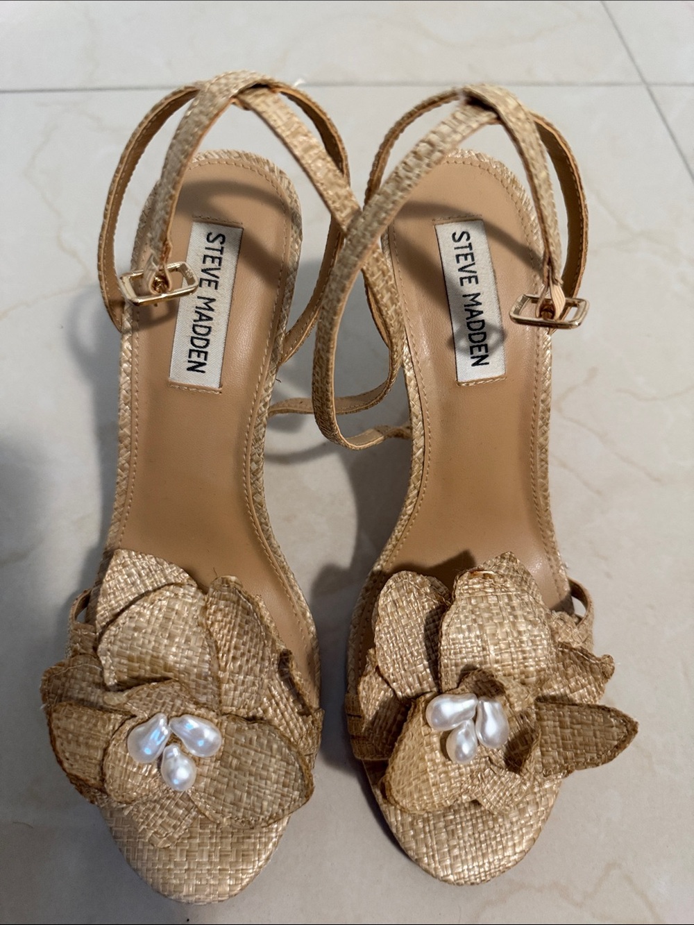 Steve Madden Beige Raffia Floral Pearl Slingback Sandals